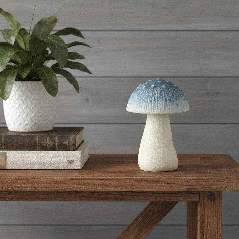 6" Blue And Off White Cast Iron Mushroom Tabletop Sculpture HomeRoots