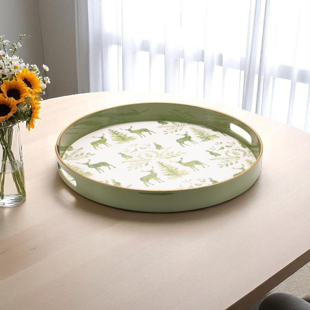14" Green White And Gold Woodland Scene Round Serving Tray With Handles HomeRoots