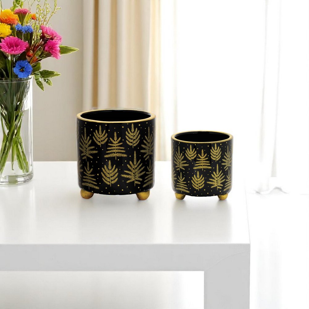 Set of Two Black And Gold Ceramic Pot Planters HomeRoots