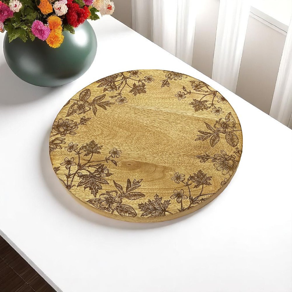 12" Brown Solid Wood Floral Round Serving Tray HomeRoots
