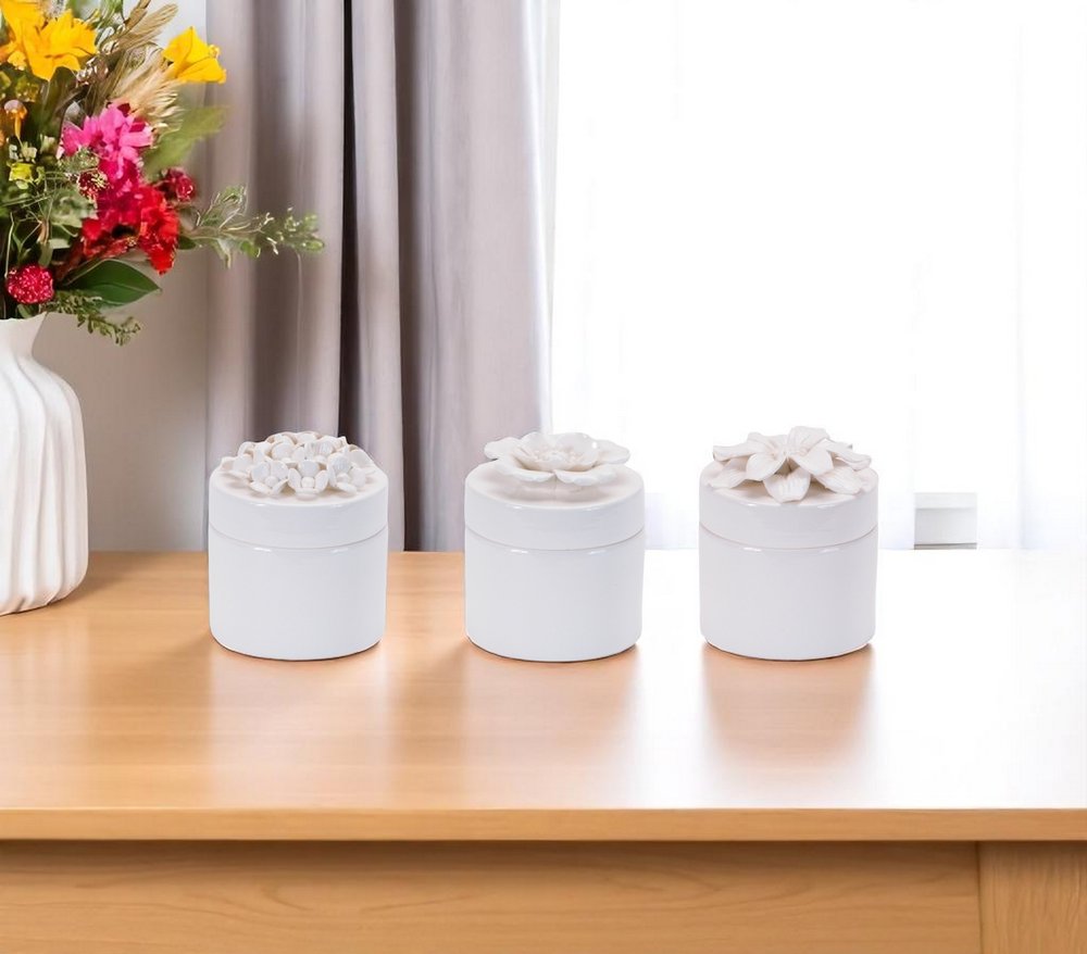 Set of Three White Ceramic Flowers Decorative Keepsake Boxes HomeRoots