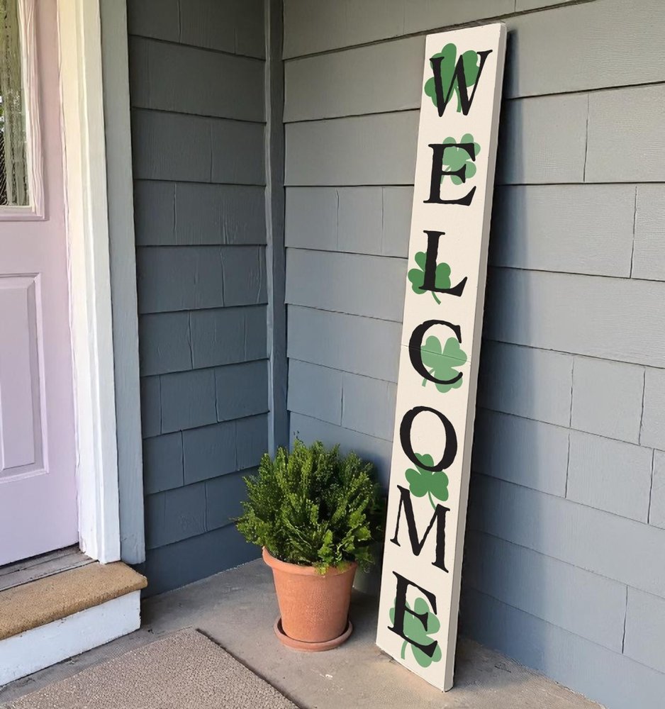72" Off White Black And Green Solid Wood Shamrock Welcome Porch Sign HomeRoots