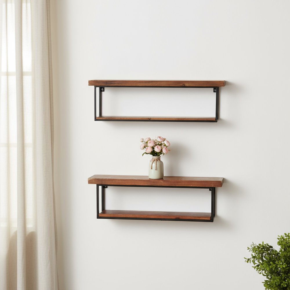 36" Set Of Two Black And Brown Wood And Metal Two Level Accent Shelf HomeRoots