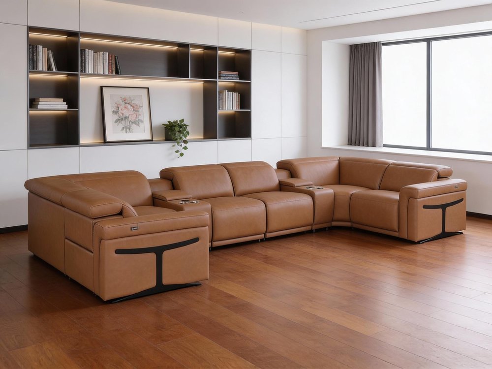 Chestnut Italian Leather Power Reclining U Shaped Eight Piece Sectional With Console HomeRoots