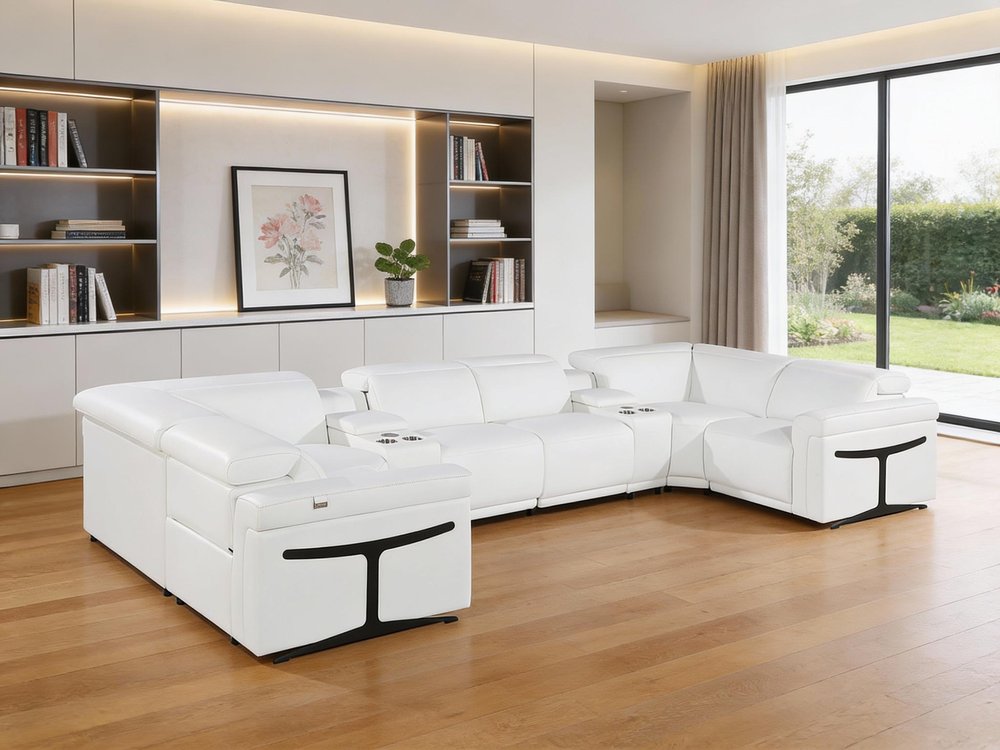 White Italian Leather Power Reclining U Shaped Eight Piece Corner Sectional With Console HomeRoots