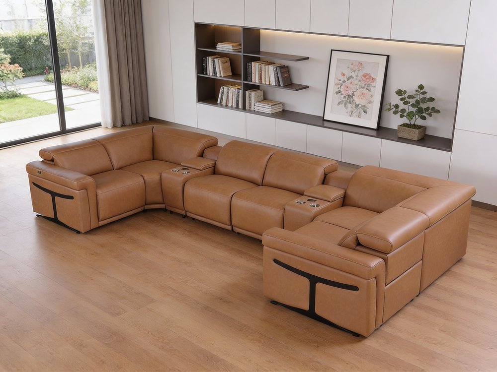 Chestnut Italian Leather Power Reclining U Shaped Eight Piece Corner Sectional With Console HomeRoots