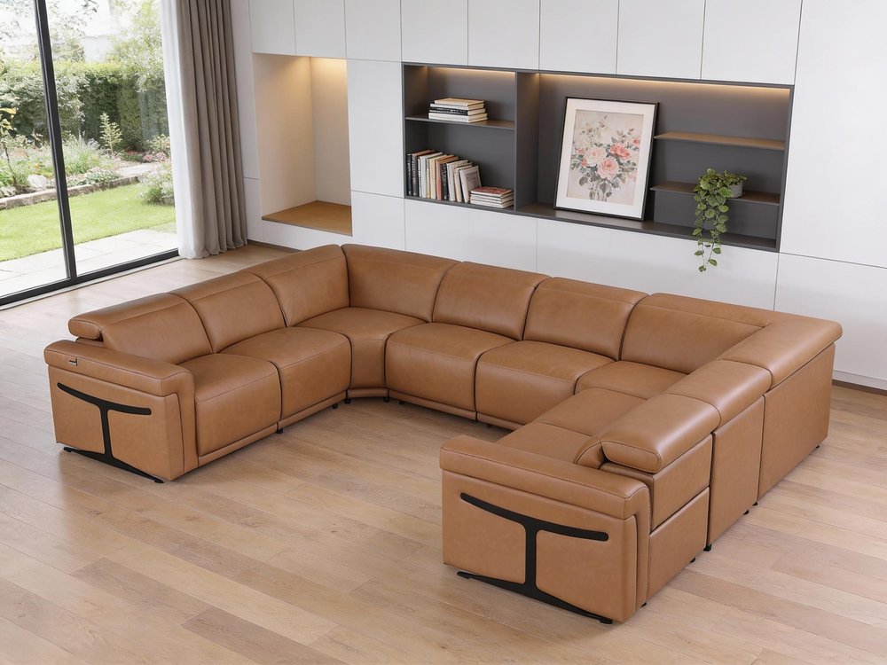 Chestnut Italian Leather Power Reclining U Shaped Eight Piece Corner Sectional With Console HomeRoots