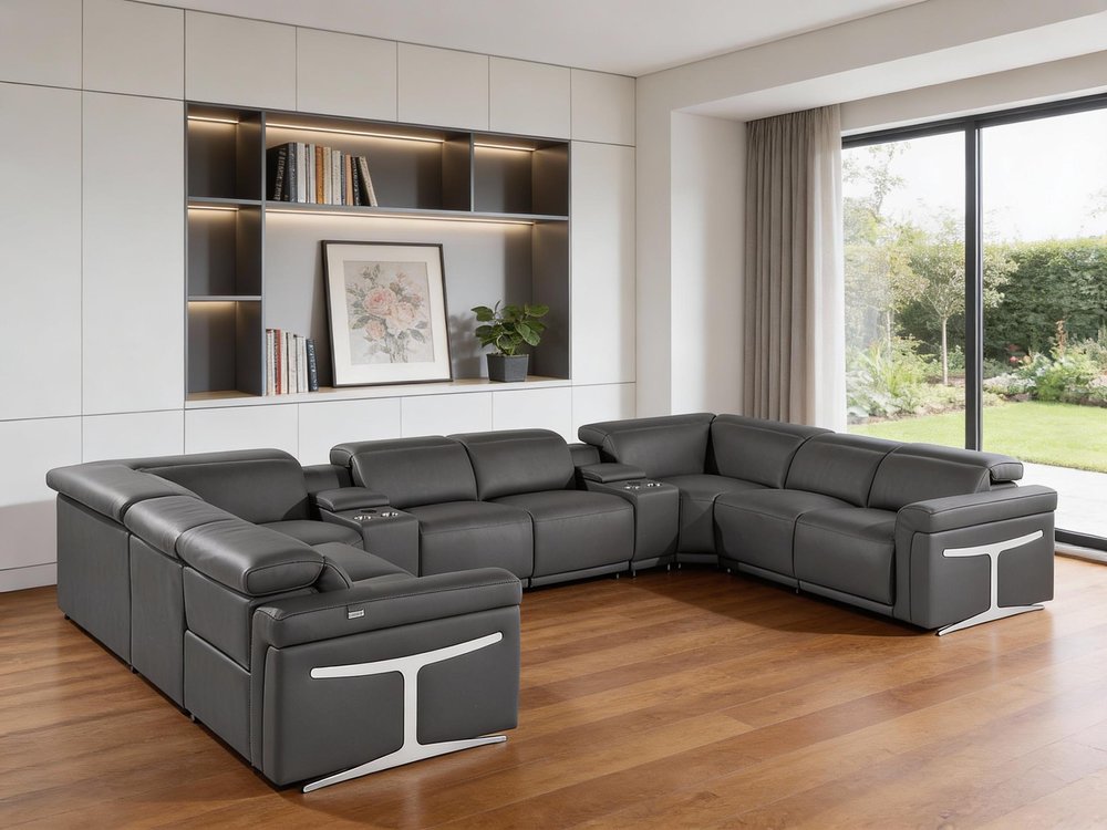 Dark Gray Italian Leather Power Reclining U Shaped Ten Piece Corner Sectional With Console HomeRoots