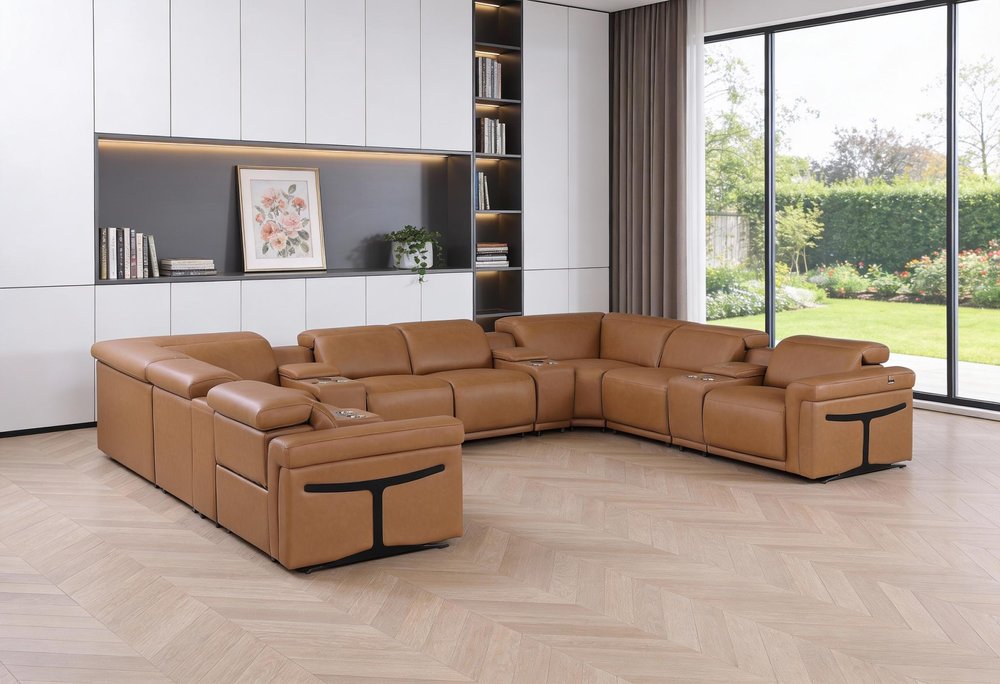 Chestnut Italian Leather Power Reclining U Shaped Ten Piece Corner Sectional With Console HomeRoots