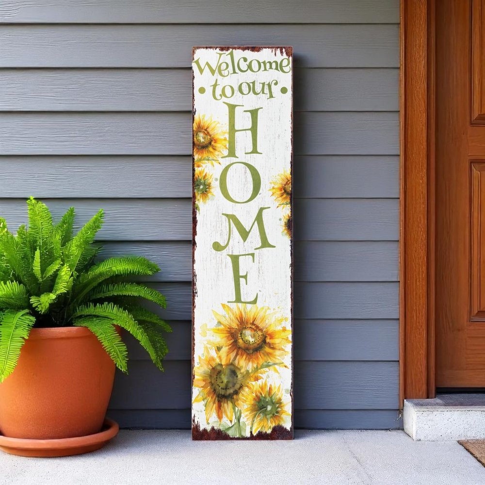 36" White Green And Yellow Sunflowers Solid Wood Welcome Porch Sign HomeRoots