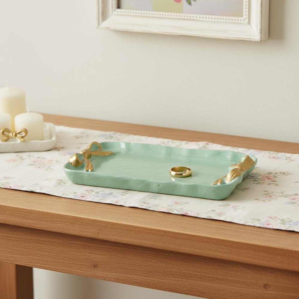 8" Aqua And Gold Cast Iron Ribbons Vanity Tray HomeRoots