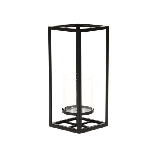 13" Black And Clear Metal And Glass Tabletop Candle Holder HomeRoots