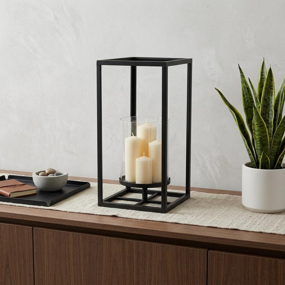 13" Black And Clear Metal And Glass Tabletop Candle Holder HomeRoots