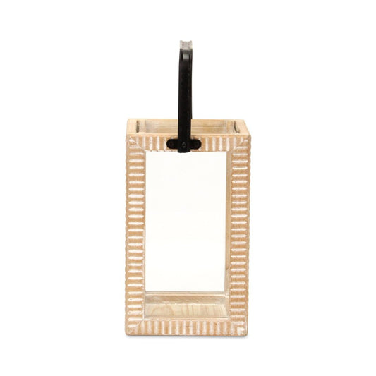 13" Natural Distressed Geometric Solid Wood Tabletop Lantern Candle Holder