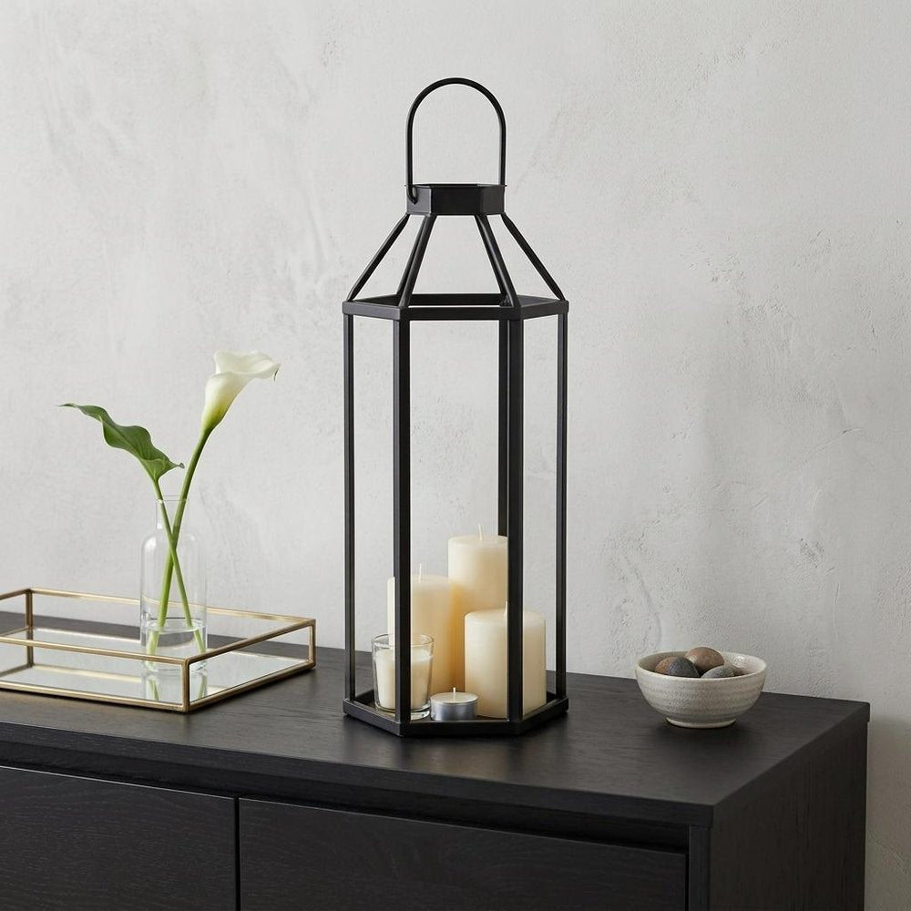 32" Black Geometric Metal Floor Lantern Candle Holder HomeRoots