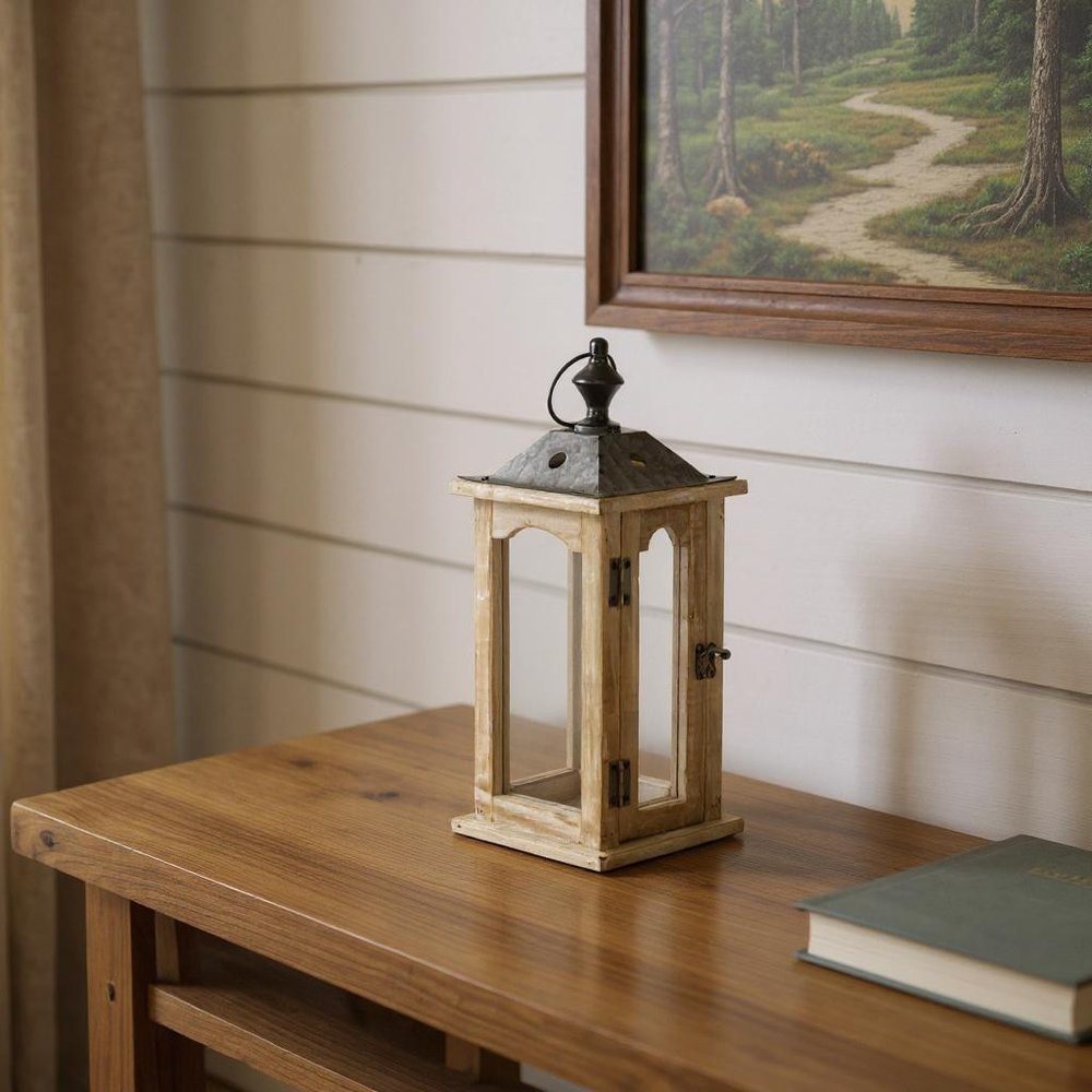16" Natural And Gray Geometric Metal And Solid Wood Tabletop Lantern Candle Holder HomeRoots