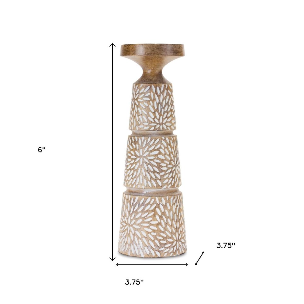 Set of Three Brown And White Distressed Floral Resin Tabletop Pillar Candle Holders HomeRoots