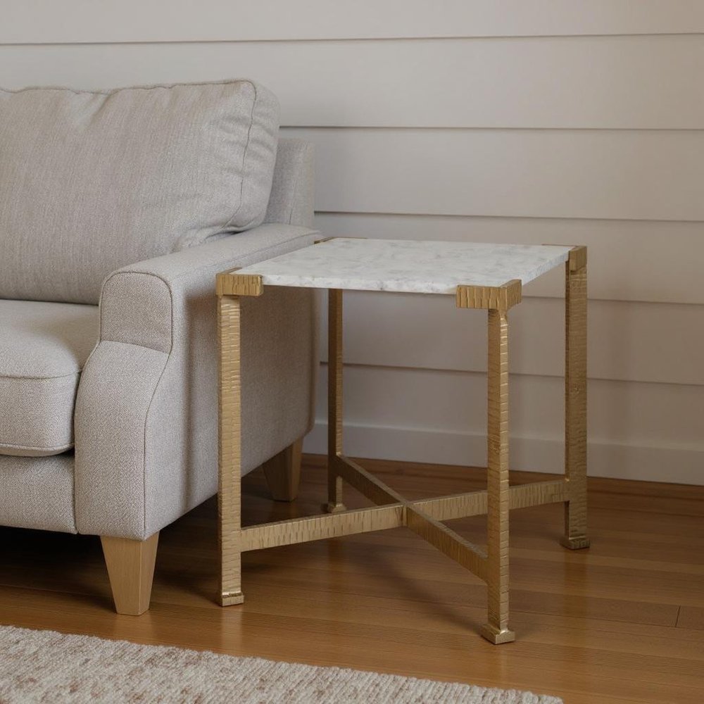 20" White and Gold Distressed Marble and Iron Square End Table HomeRoots