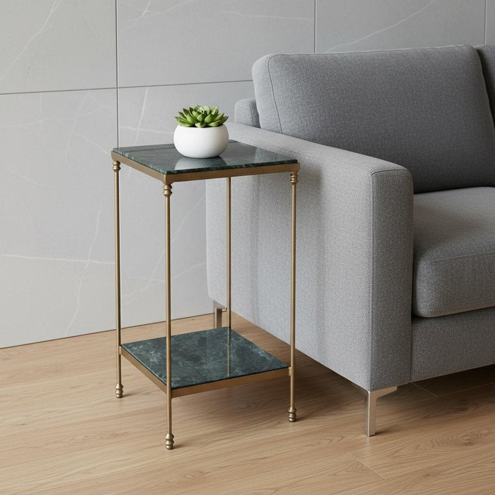24" Green and Gold Marble and Iron Square End Table With Shelf HomeRoots