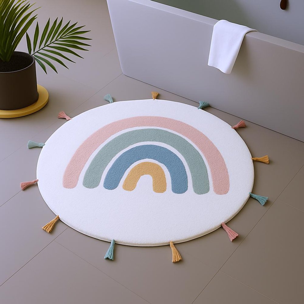 32" White Blue And Pink Cotton Rainbows Round Youthful Bath Rug HomeRoots