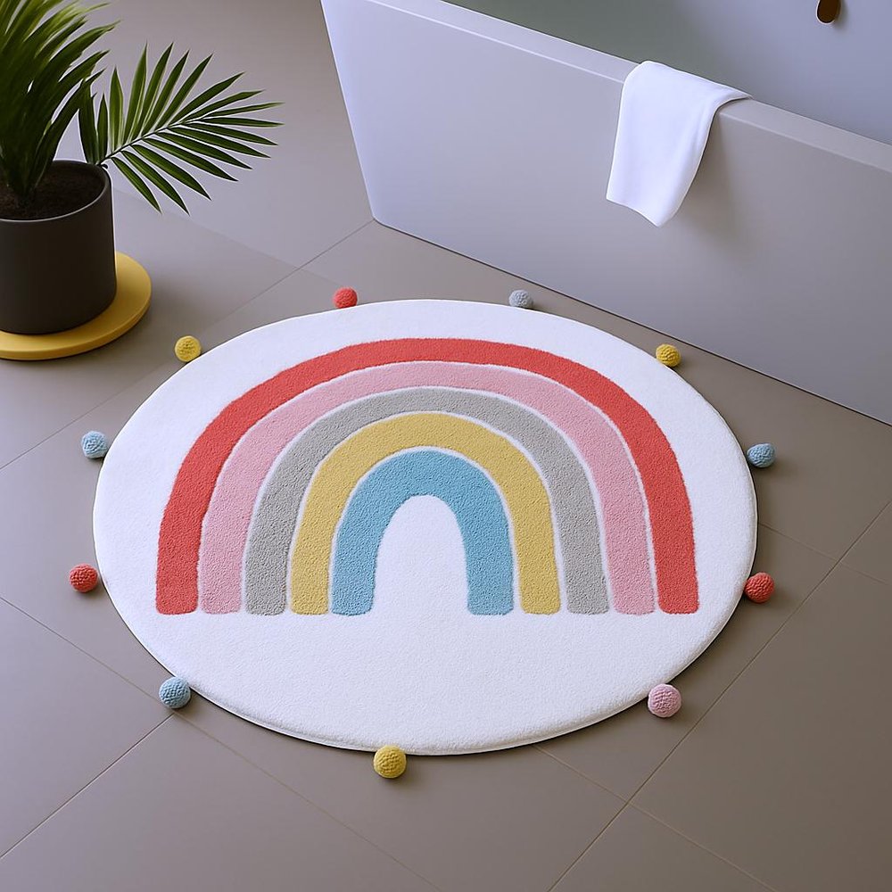 32" White Pink And Yellow Cotton Rainbows Round Youthful Bath Rug HomeRoots