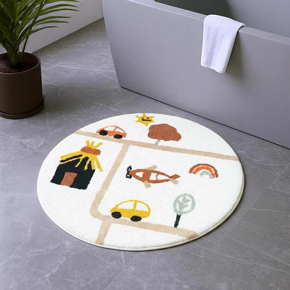 32" White Yellow And Red Cotton Cars Round Youthful Bath Rug HomeRoots