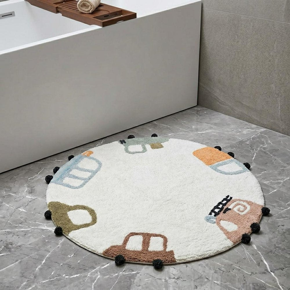 32" Blue Green And White Cotton Cars Round Youthful Bath Rug HomeRoots