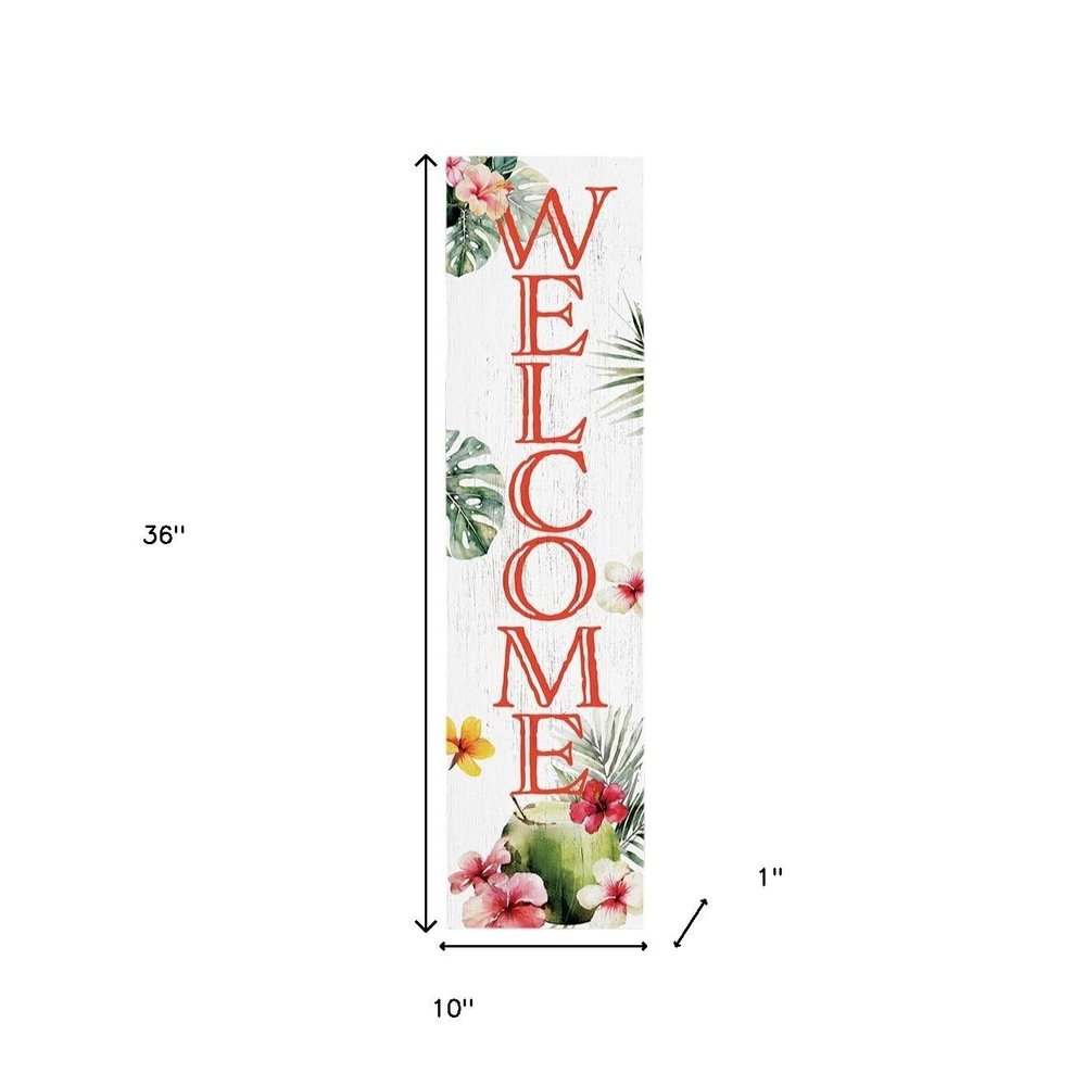 36" Pink And White Solid Wood Tropical Floral Welcome Porch Sign HomeRoots