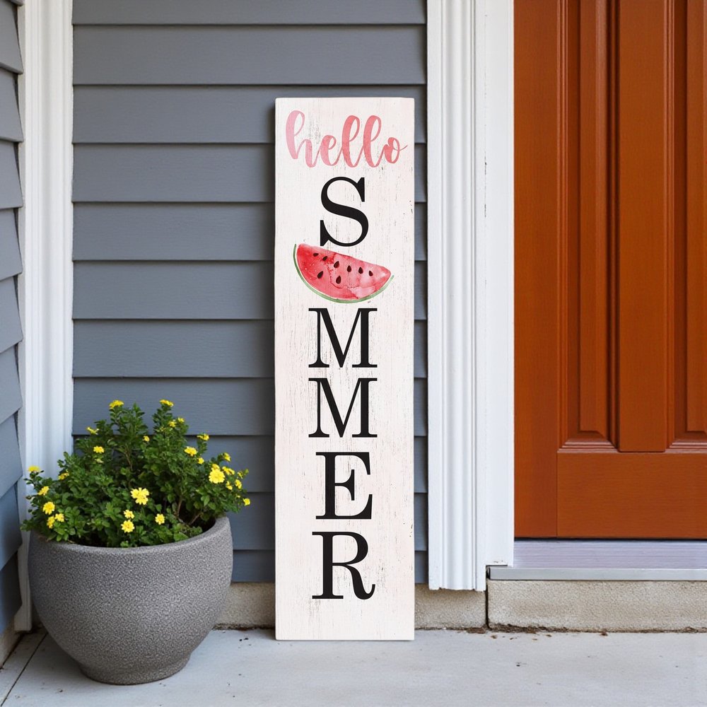 36" White And Pink Solid Wood Hello Summer Porch Sign HomeRoots