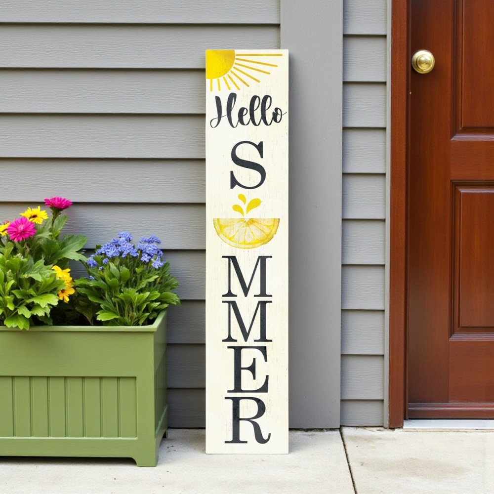 48" White And Yellow Solid Wood Hello Summer Porch Sign HomeRoots