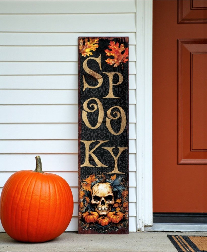 36" Black Gold And Orange Solid Wood Spooky Halloween Skull Porch Sign HomeRoots