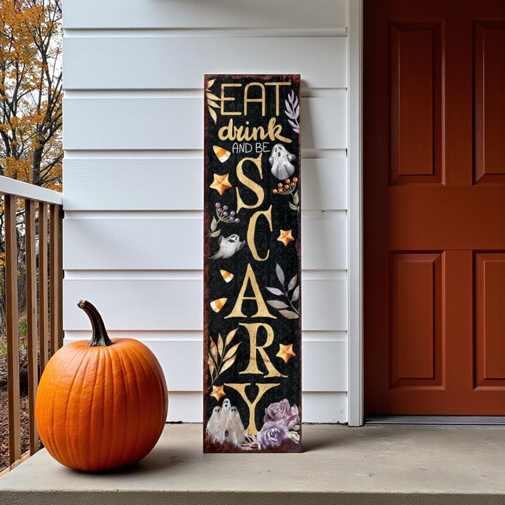 36" Black Gold Orange And Purple Halloween Ghost Solid Wood Porch Sign HomeRoots