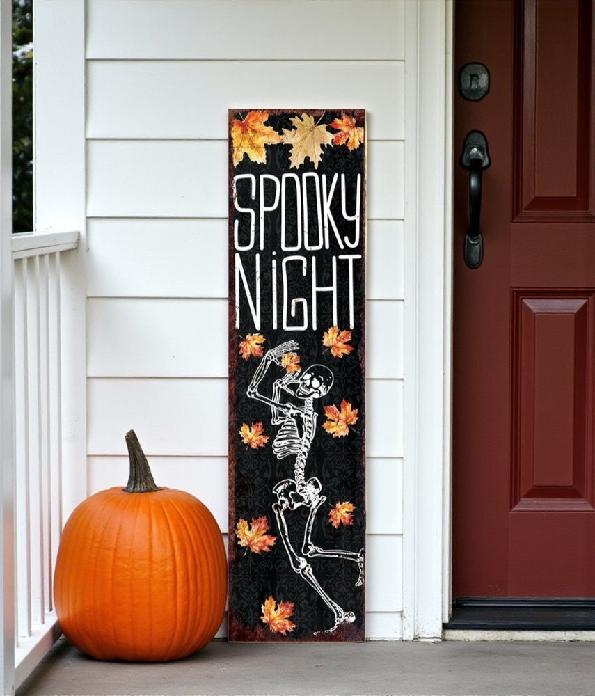 36" Black Orange And White Solid Wood Spooky Halloween Skeleton Porch Sign HomeRoots