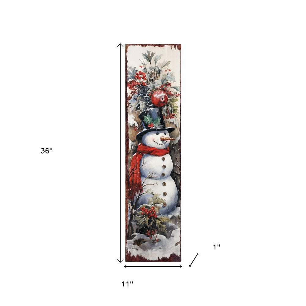 36" White Green And Red Christmas Snowman Solid Wood Porch Sign HomeRoots