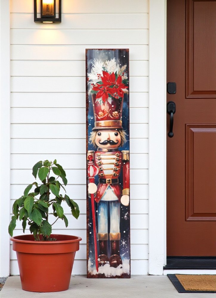 48" Blue White And Red Christmas Nutcracker Solid Wood Porch Sign HomeRoots