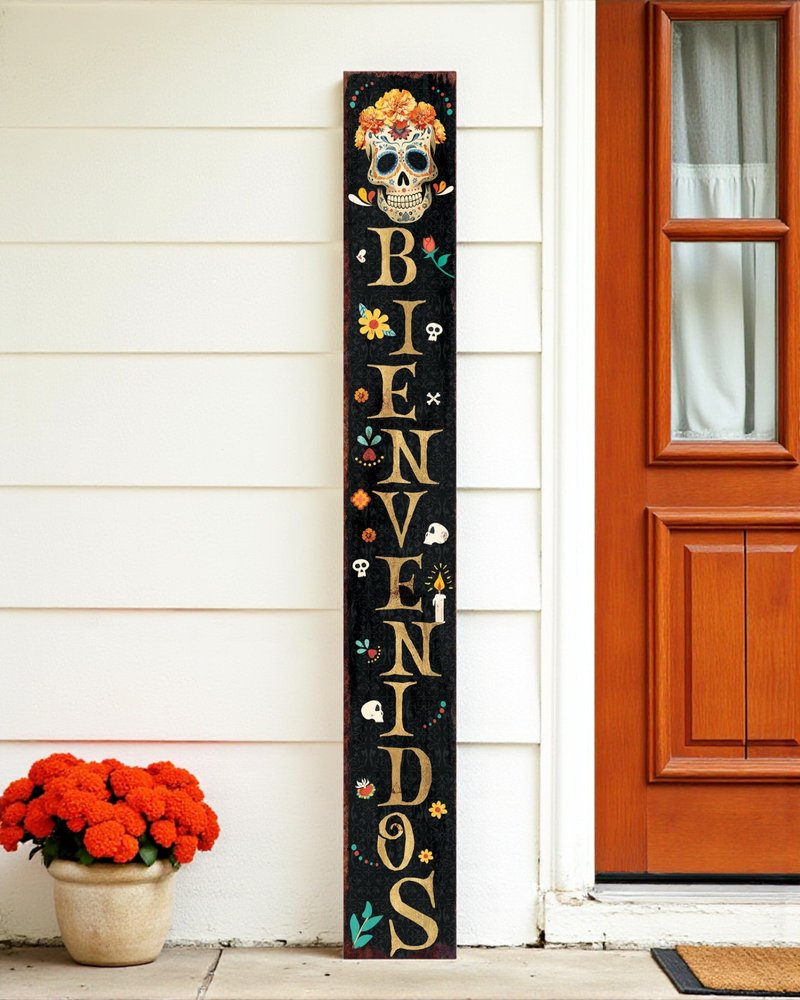 72" Black Gold And Orange Solid Wood Bienvenidos Skull Porch Sign HomeRoots