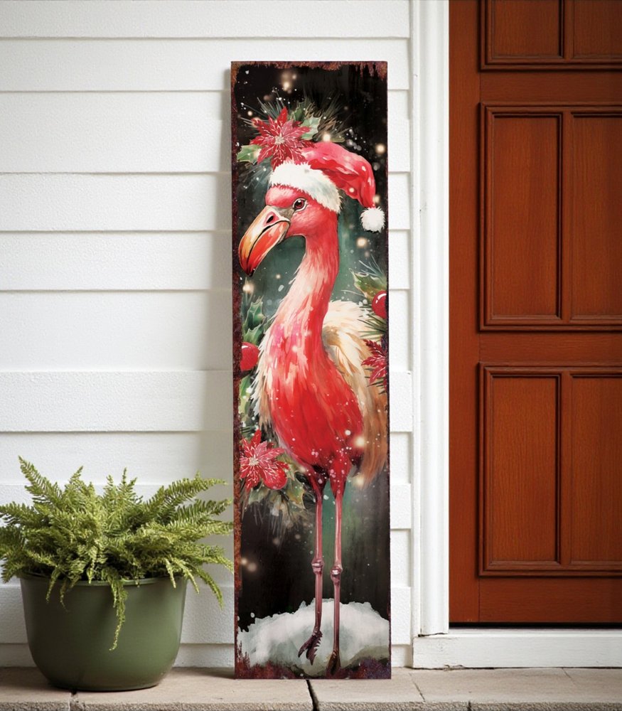 36" Black And Pink Solid Wood Christmas Flamingo Porch Sign HomeRoots