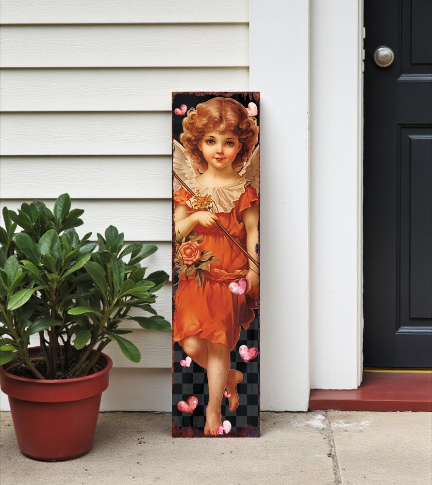 36" Black Gold And Pink Solid Wood Valentine's Day Cupid Porch Sign HomeRoots