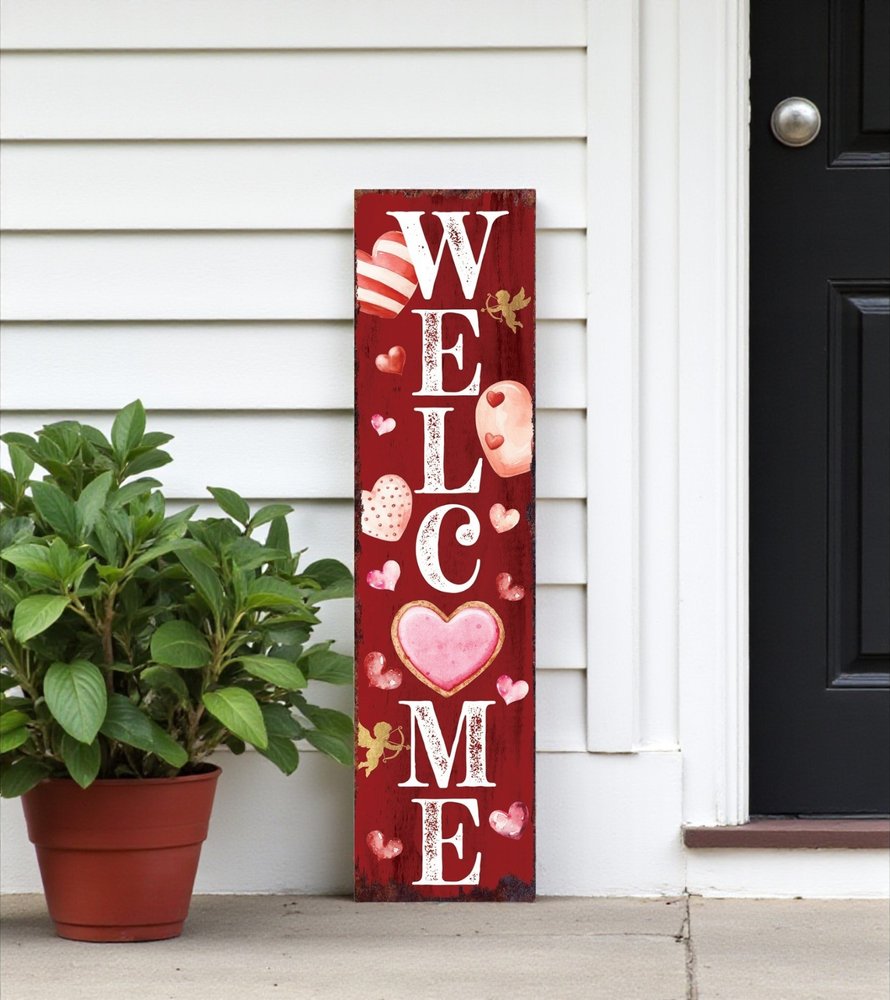 36" Pink Red And White Solid Wood Welcome Valentine's Day Porch Sign HomeRoots