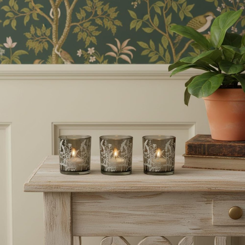 Set of Three Gray Distressed Floral Glass Tabletop Votive Candle Holders HomeRoots