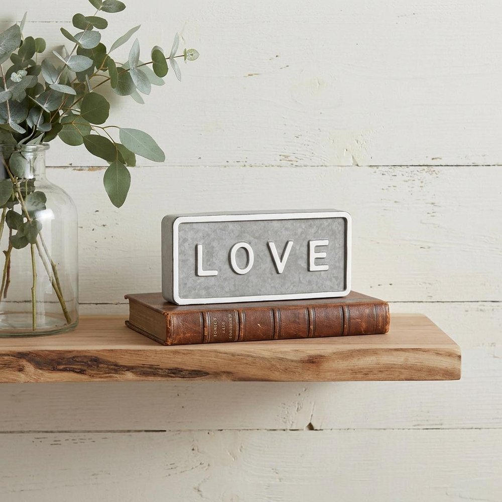 4" Gray And White Galvanized Metal Love Hand Painted Tabletop Sign HomeRoots