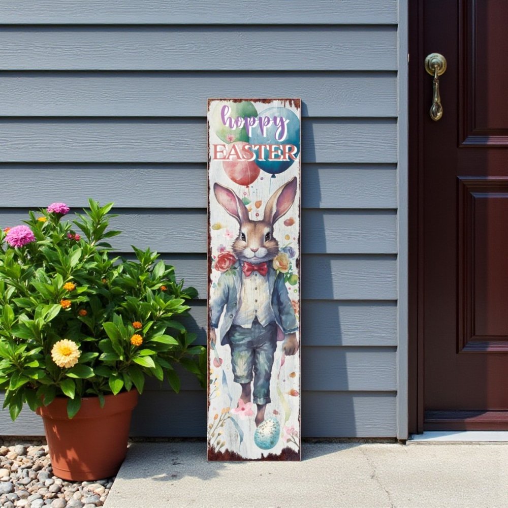 36" White And Blue Solid Wood Happy Easter Bunny Porch Sign HomeRoots