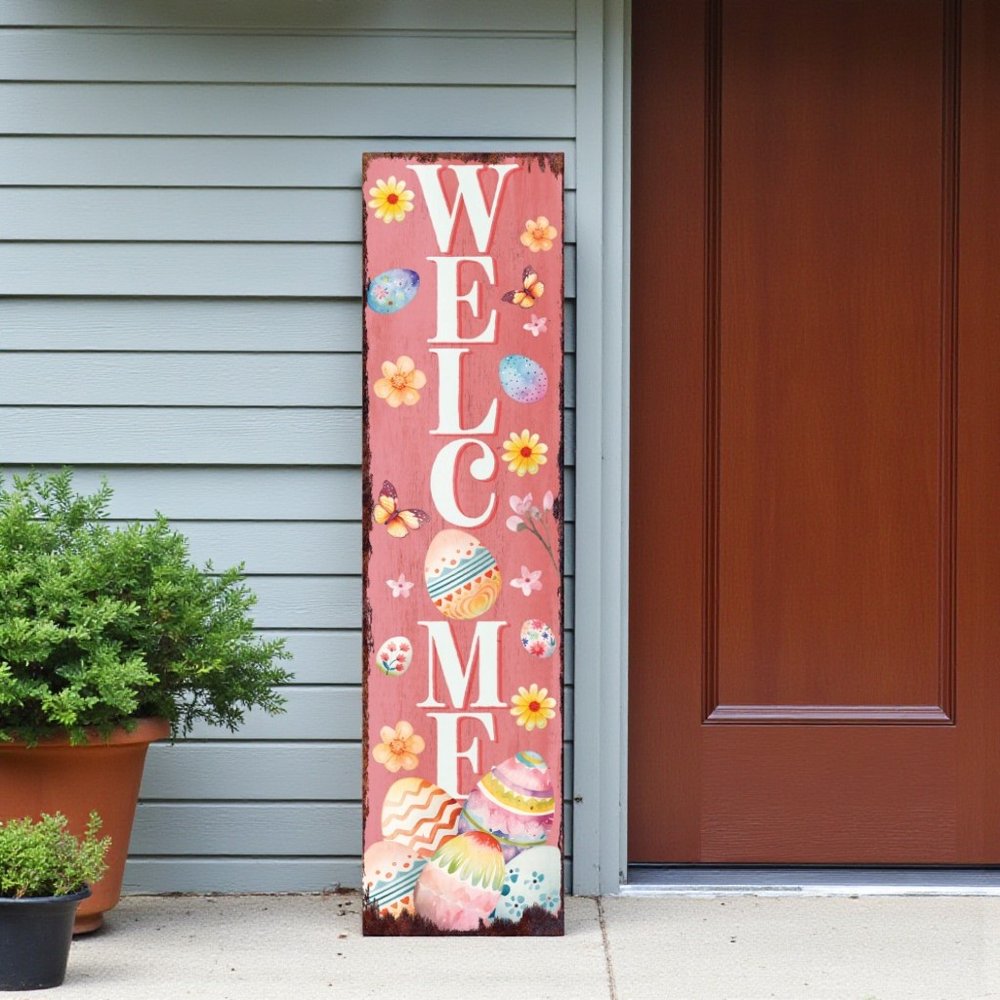 36" Pink White And Yellow Solid Wood Welcome Easter Easter Egg Porch Sign HomeRoots