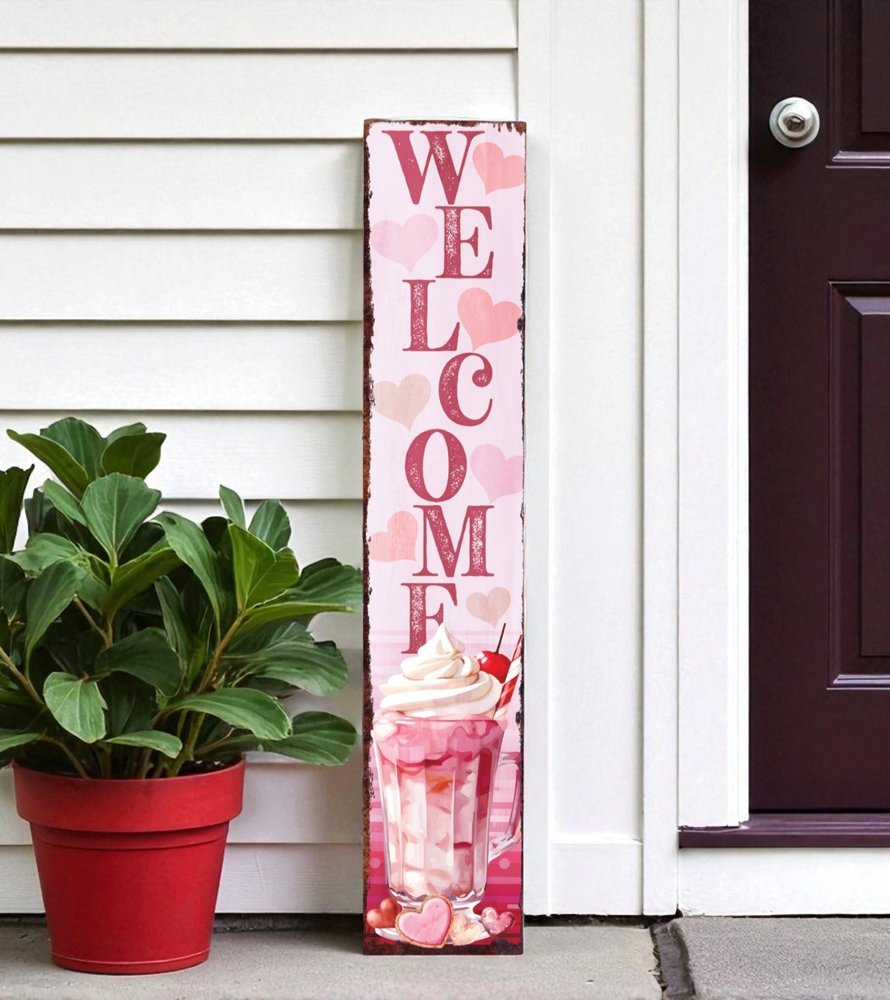 48" Pink Solid Wood Hearts Welcome Porch Sign HomeRoots