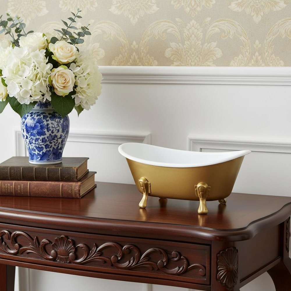 7" Gold And White Metal Hand Painted Decorative Tub HomeRoots