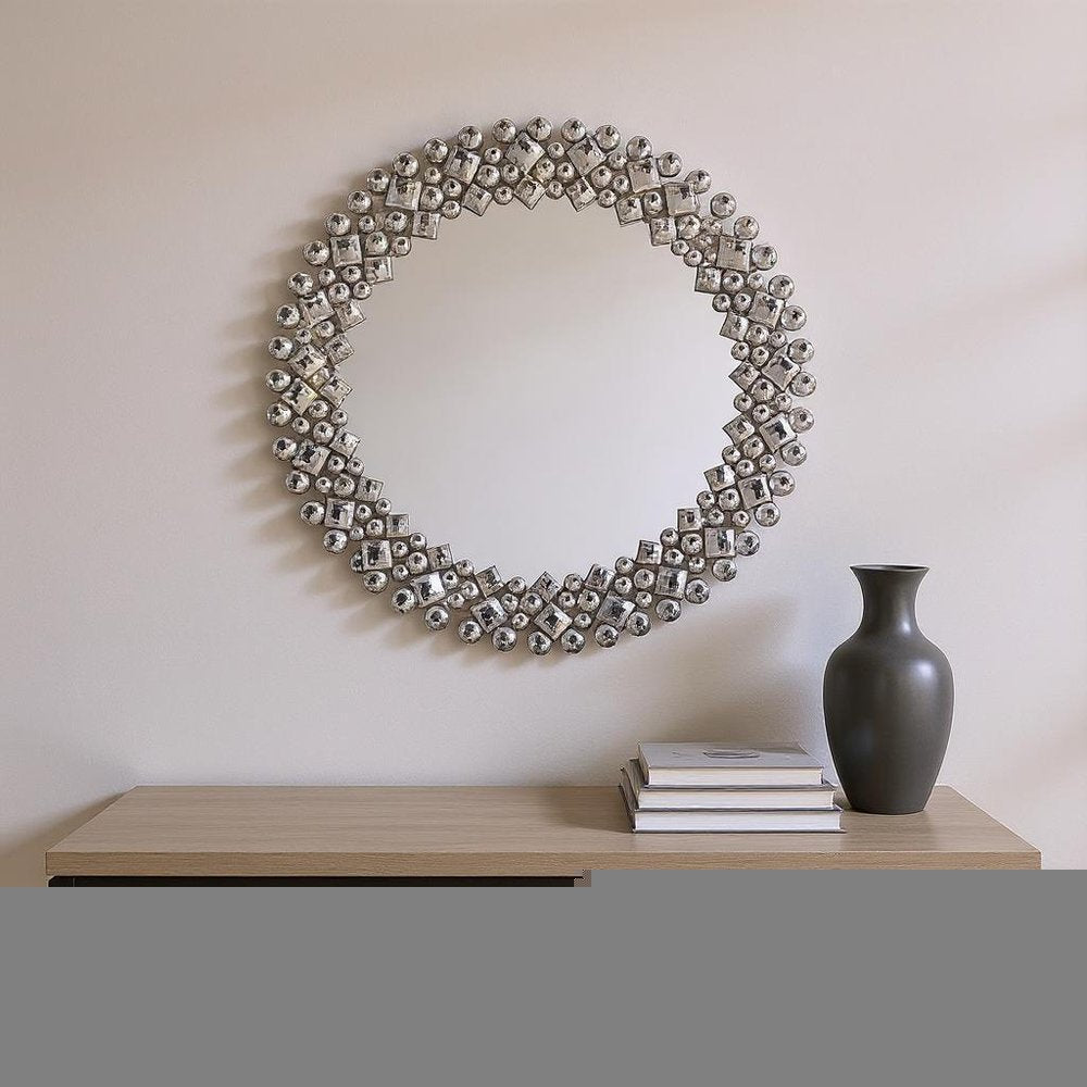 20" Silver Round Faux Crystal Bling Framed Accent Mirror HomeRoots