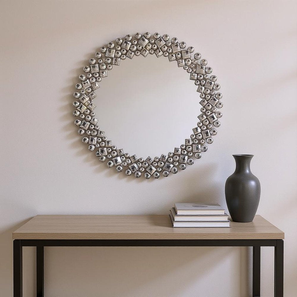 20" Silver Round Faux Crystal Bling Framed Accent Mirror HomeRoots