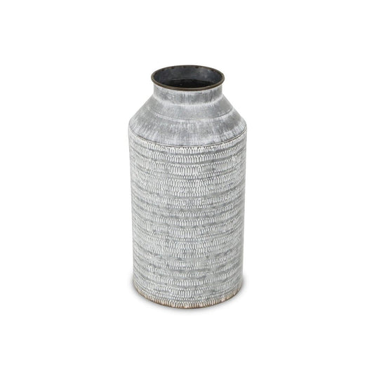 13" Gray Galvanized Metal Geometric Patterned Jug Vase