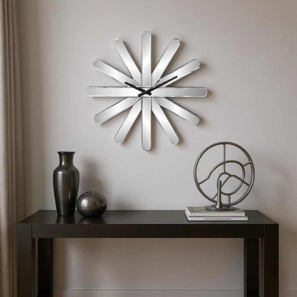 26" Silver Mirrored Glass Silent Analog Starburst Wall Clock HomeRoots