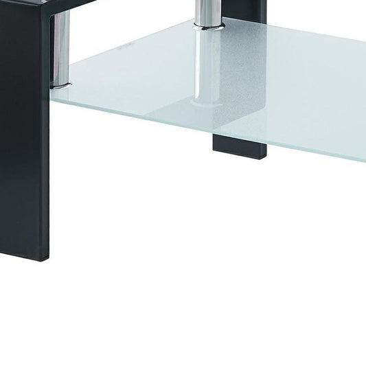 39" Clear and Black Glass and Steel Coffee Table With Shelf